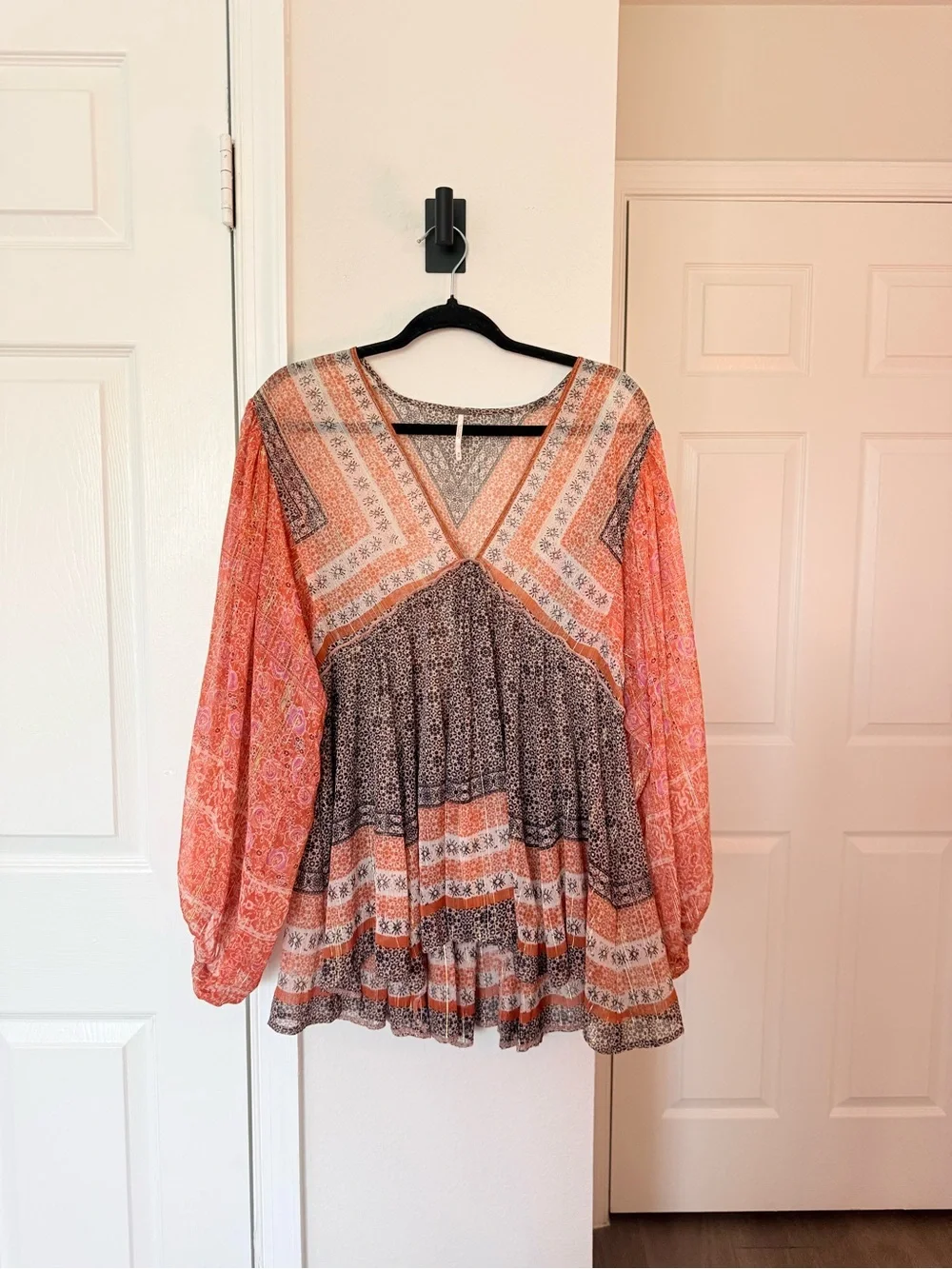 Free People Boho V-Neck Peasant Blouse in Rust and Brown